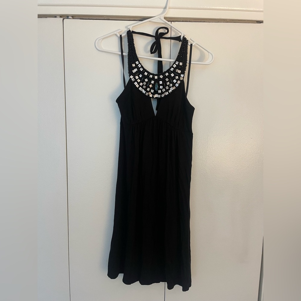 BCBG black shell bib dress with peep hole halter top size small